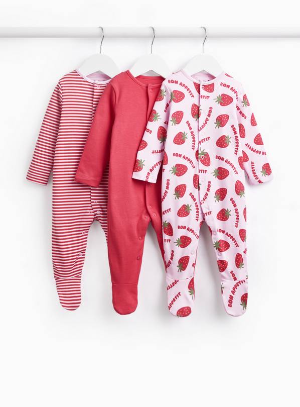 Strawberry & Stripe Print Sleepsuits 3 Pack 12-18 months